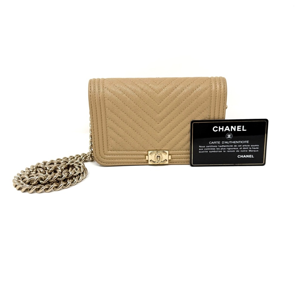 Chanel Caviar Quilted Boy Wallet on Chain Mini Beige Nude